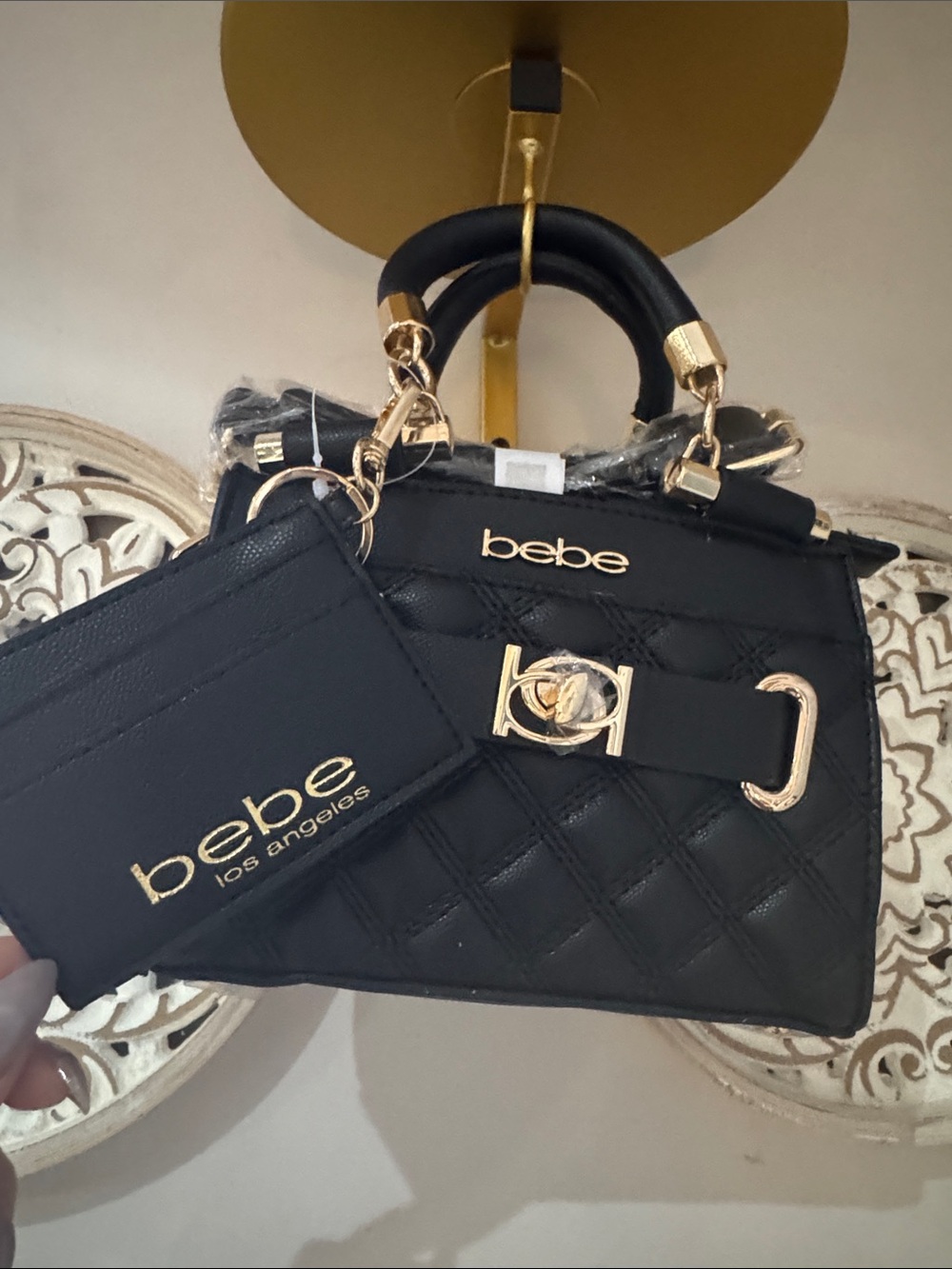 bebe Black Quilted Mini Satchel with Gold Hardware
